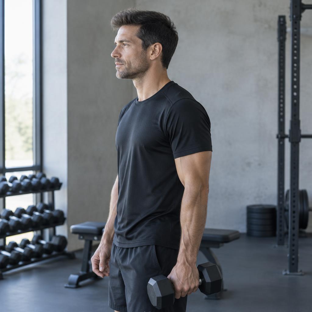 A man pausing between exercises in a daylight-filled gym